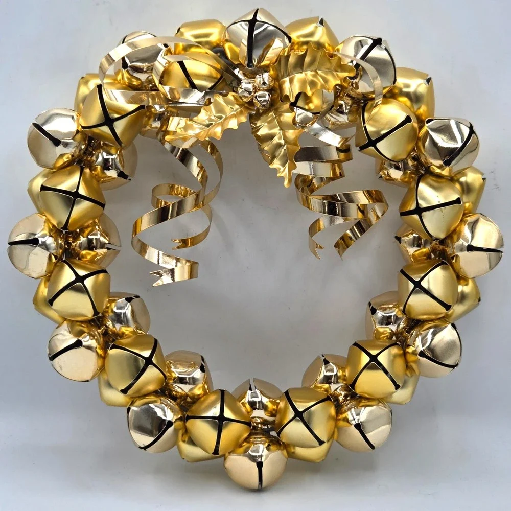 Christmas Gold Jingle Bell Wreath All Metal 2 Sided with Bow 12